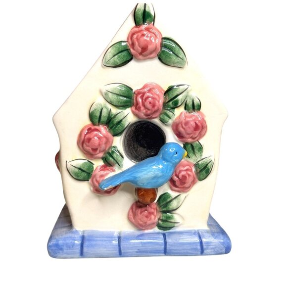 Hand-Painted Ceramic Decorative Birdhouse Candle With Floral & Bluebird Design - Picture 12 of 13